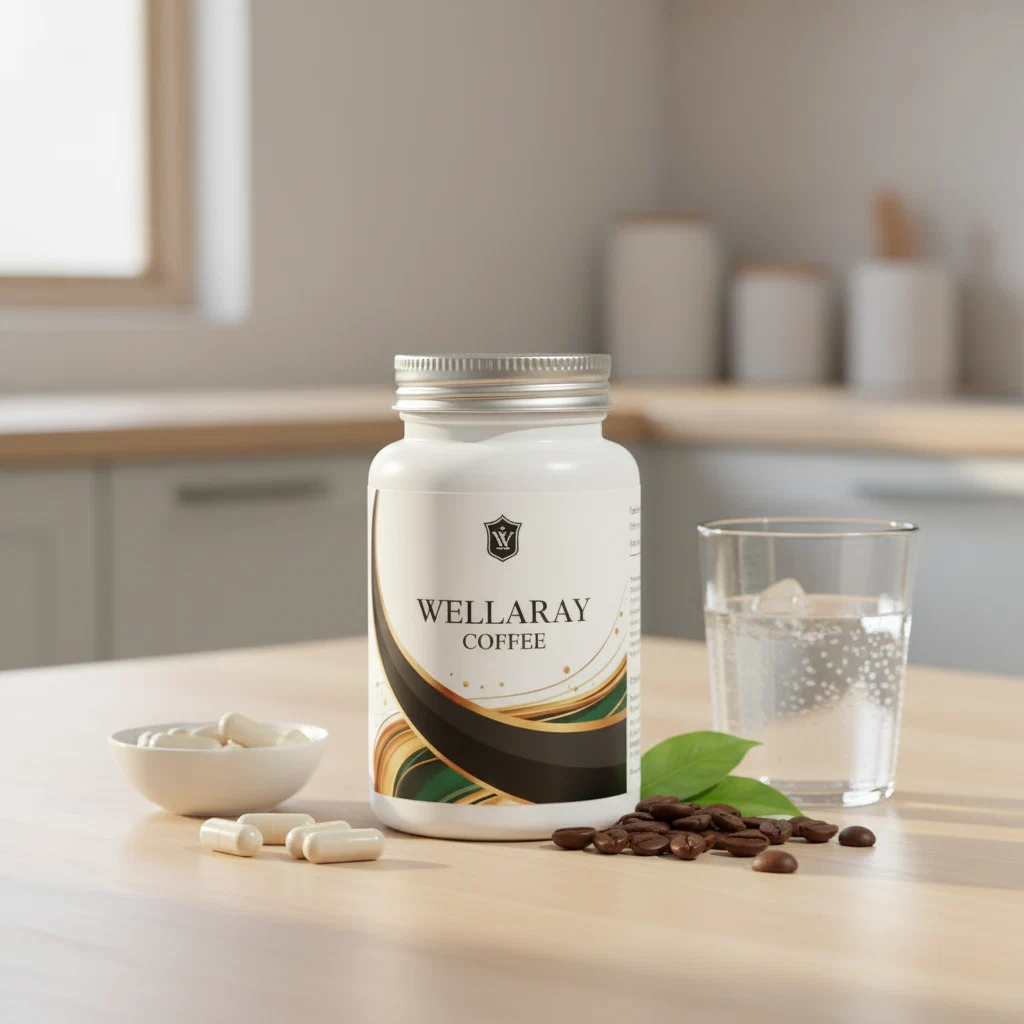 Hände halten die Wellaray Coffee Schachtel vor hellem Küchenhintergrund